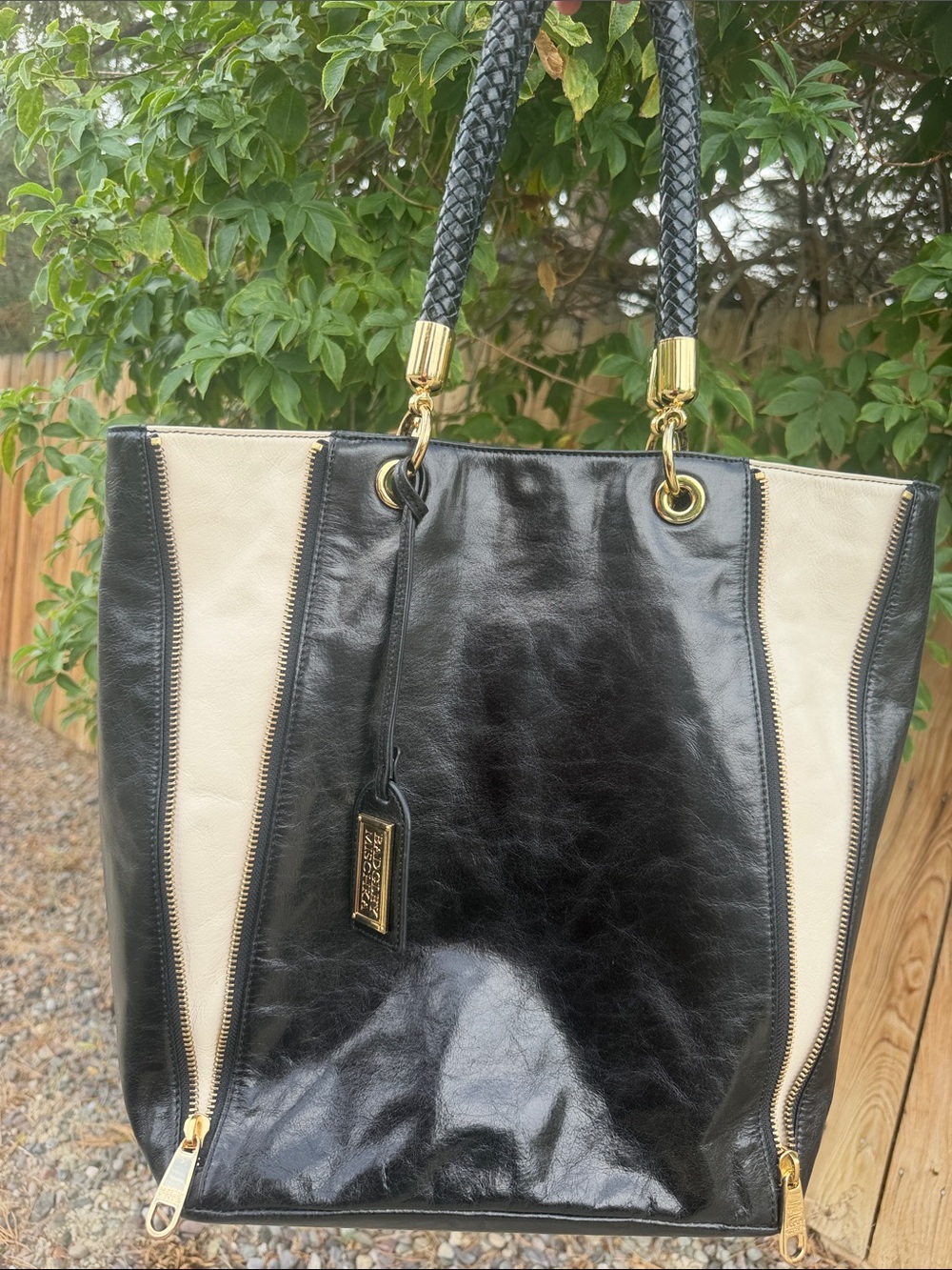 Badgley Mischka Black and Cream Leather Tote with Braided Handles